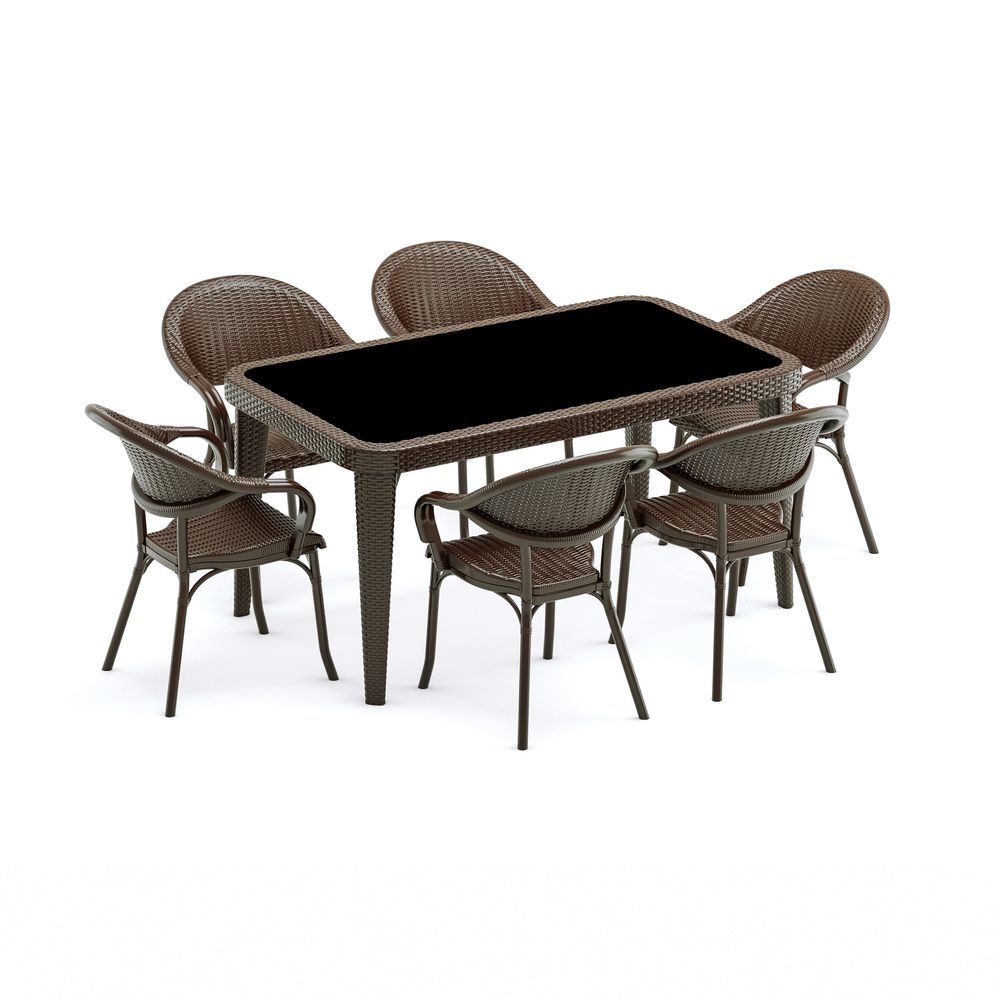 Wenge 90x150 Rattan Plastik 6 Kişilik Masa Sandalye Takımı