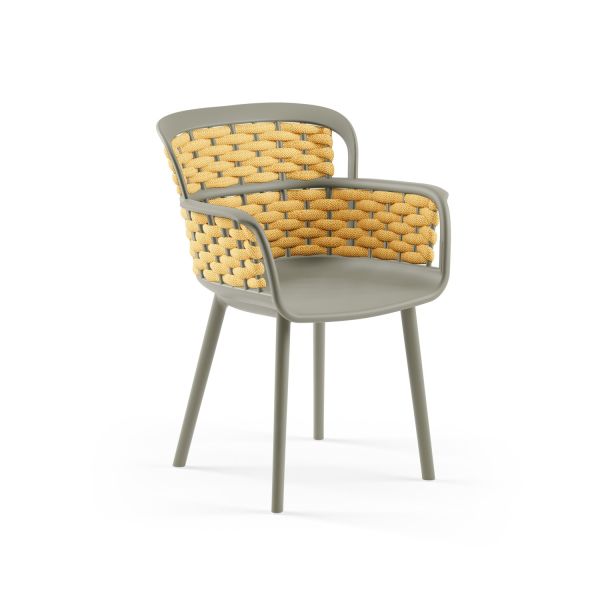 Sarı Örgülü Dış Mekan Bahçe Sandalyesi Çimento Gri Gövde Hafif, Dayanıklı, Su ve Güneş Dayanıklı Bahçe, Mutfak, Salon, Otel, Cafe ve Restaurant İçin Sandalye