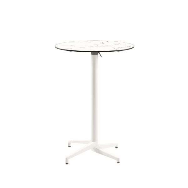 Moon Compact Laminat Katlanır Bar Masası – 60 cm Yuvarlak, Beyaz Mermer Desenli, Paslanmaz, Dış Mekan Bahçe ve Cafe Masası
