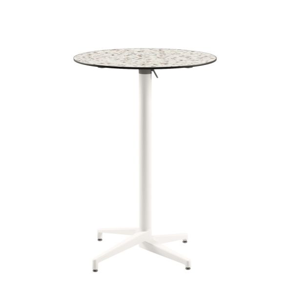 Moon Compact Terrazzo Laminat Katlanır Bar Masası – 70 cm Yuvarlak, Beyaz Ayaklı, Paslanmaz, Dayanıklı Dış Mekan ve Bahçe Masası