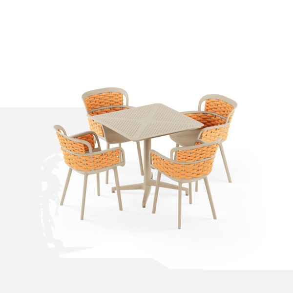 Bej Gövdeli Turuncu Örgülü 4 Kişilik Bahçe Masa Sandalye Takımı | Katlanır 80x80cm Masa | Dış Mekan Balkon Teras Cafe Restaurant Takımı