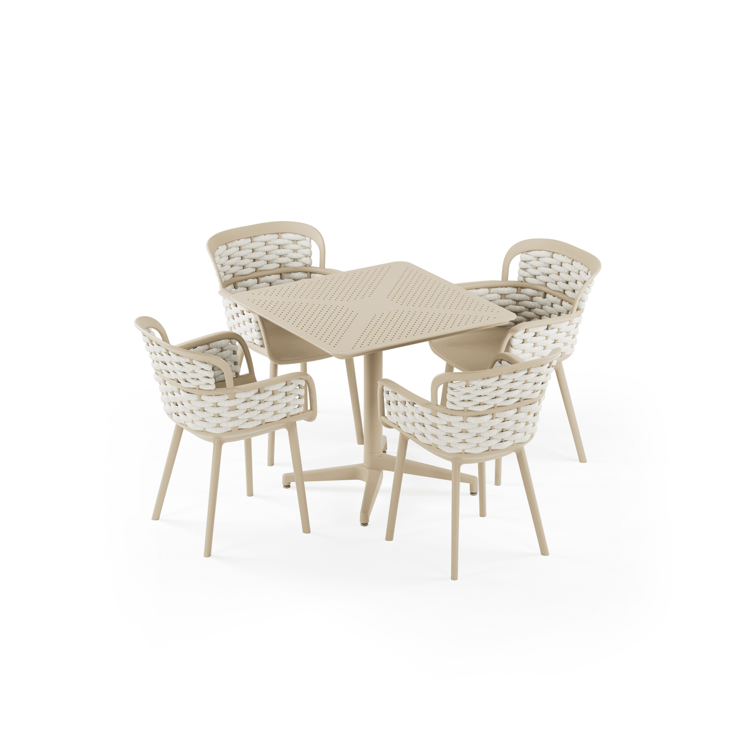 Bej Örgülü Sandalyeli 4 Kişilik Bahçe Masa Sandalye Takımı | 80x80 Sabit Masa | Dış Mekan, Mutfak, Balkon, Teras, Otel, Cafe, Restoran Kullanımı
