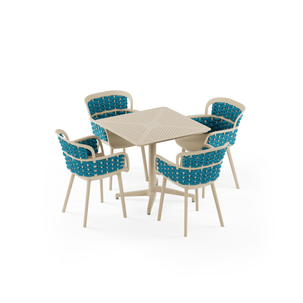 Bej Renk Mavi Örgülü Sandalyeli 4 Kişilik 80x80 cm Sabit Masa Bahçe ve Dış Mekan Masa Sandalye Takımı – Otel, Restaurant, Cafe, Kafe, Kafeterya, Mutfak, Balkon, Teras, Veranda İçin Dayanıklı ve Şık Set