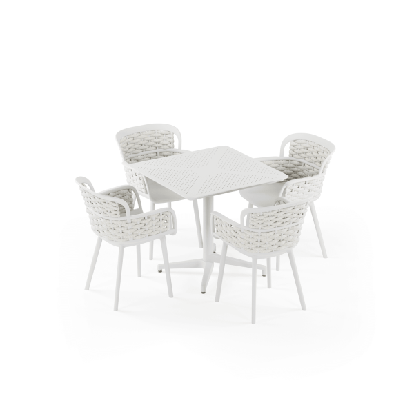 Beyaz Gövde Bej Örgülü Sandalyeli 4 Kişilik Bahçe Masa Takımı 80x80 cm | Dış Mekan, Balkon, Teras, Kafe, Otel, Restaurant Uyumlu Masa Sandalye Seti