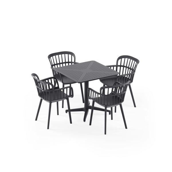 Antrasit Bahçe Masa Sandalye Takımı 4 Kişilik | 80x80 cm Sabit Masa | Dış Mekan Cafe, Balkon, Teras, Otel, Restaurant İçin Dayanıklı Polipropilen Takım