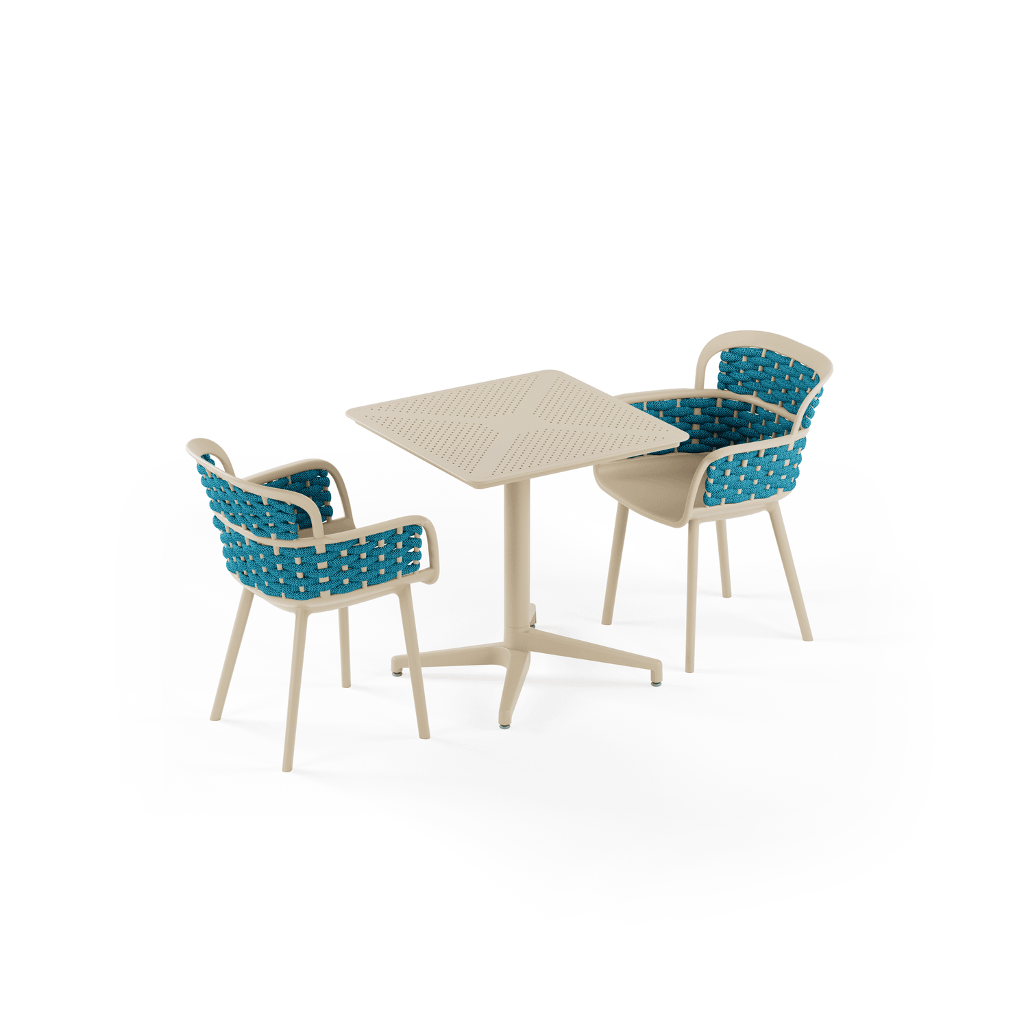 Bej Gövde Mavi Örgülü Sandalye 2 Kişilik Dış Mekan Bahçe Masa Sandalye Takımı 70x70 cm Sabit Masa Seti – Otel, Restaurant, Cafe, Balkon, Teras