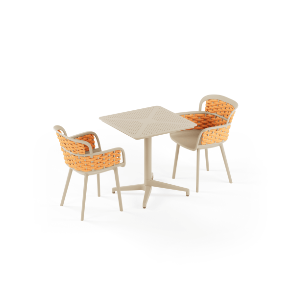 Bej Gövde Turuncu Örgülü Sandalye ile 2 Kişilik 70x70 cm Dış Mekan Bahçe Masa Sandalye Takımı – Paslanmaz, Otel & Restaurant & Kafe İçin Dayanıklı Masa Sandalye Seti