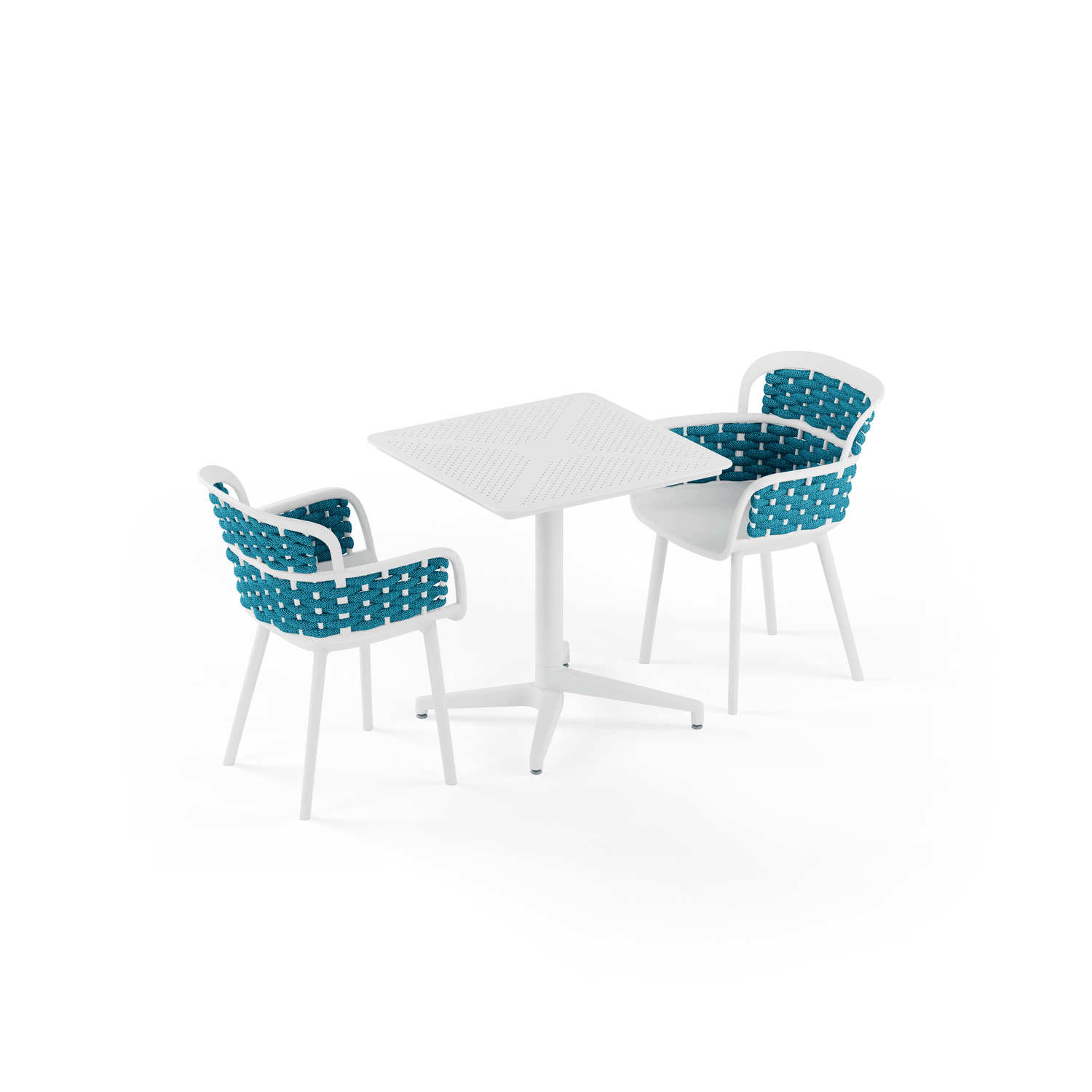 2 Kişilik Beyaz Gövde Mavi Örgülü Dış Mekan Bahçe Masa Sandalye Takımı | 70x70 cm Sabit Masa Seti | Otel, Cafe, Balkon, Teras, Veranda Kullanımı