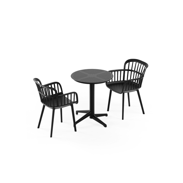 Siyah Bahçe Masa Sandalye Takımı 2 Kişilik | 60 cm Yuvarlak Sabit Plastik Masa + 2 Sandalye | Dış Mekan, Balkon, Teras, Cafe, Otel, Mutfak İçin Uygun