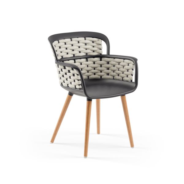 Antrasit Gövde Bej Örgülü Ahşap Ayaklı Sandalye | Şık ve Dayanıklı Mutfak, Cafe, Salon Sandalyesi