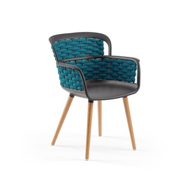 Antrasit Gövde Mavi Örgülü Sandalye – Ahşap Ayaklı, Dayanıklı, Şık ve Çok Amaçlı Kullanıma Uygun Modern Sandalye