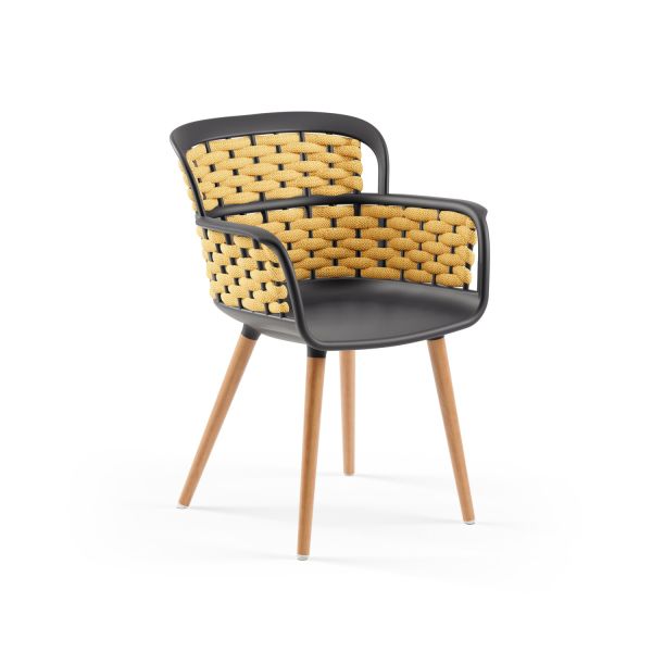 Antrasit Gövde Sarı Örgülü Ahşap Ayaklı Sandalye | Mutfak Salon Cafe Restaurant Sandalyesi