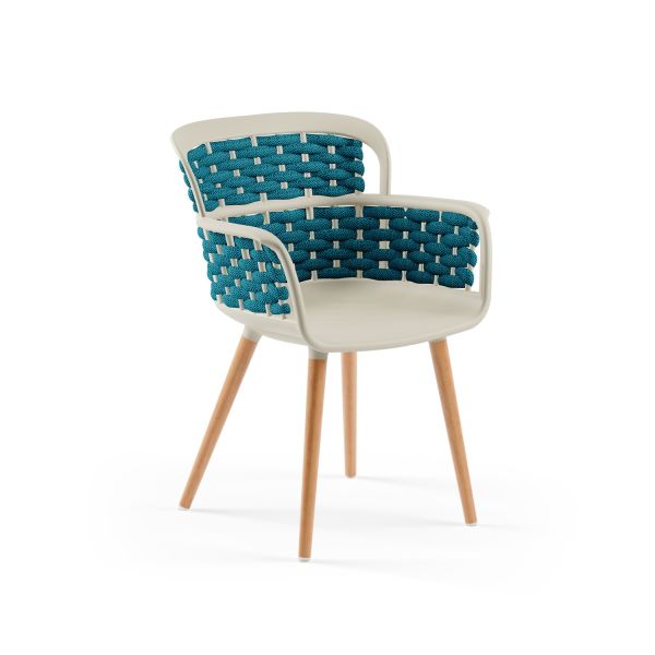Bej Gövde Mavi Örgülü Ahşap Ayaklı Cafe Sandalyesi | Şık ve Dayanıklı Tasarım