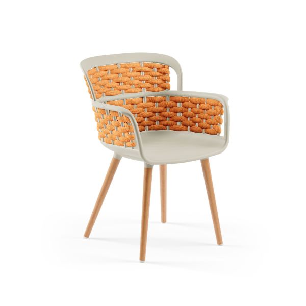 Bej Gövde Turuncu Örgülü Kafe Sandalyesi – Dayanıklı Ahşap Ayaklı Yerli Üretim Çok Amaçlı Örgülü Sandalye Modeli