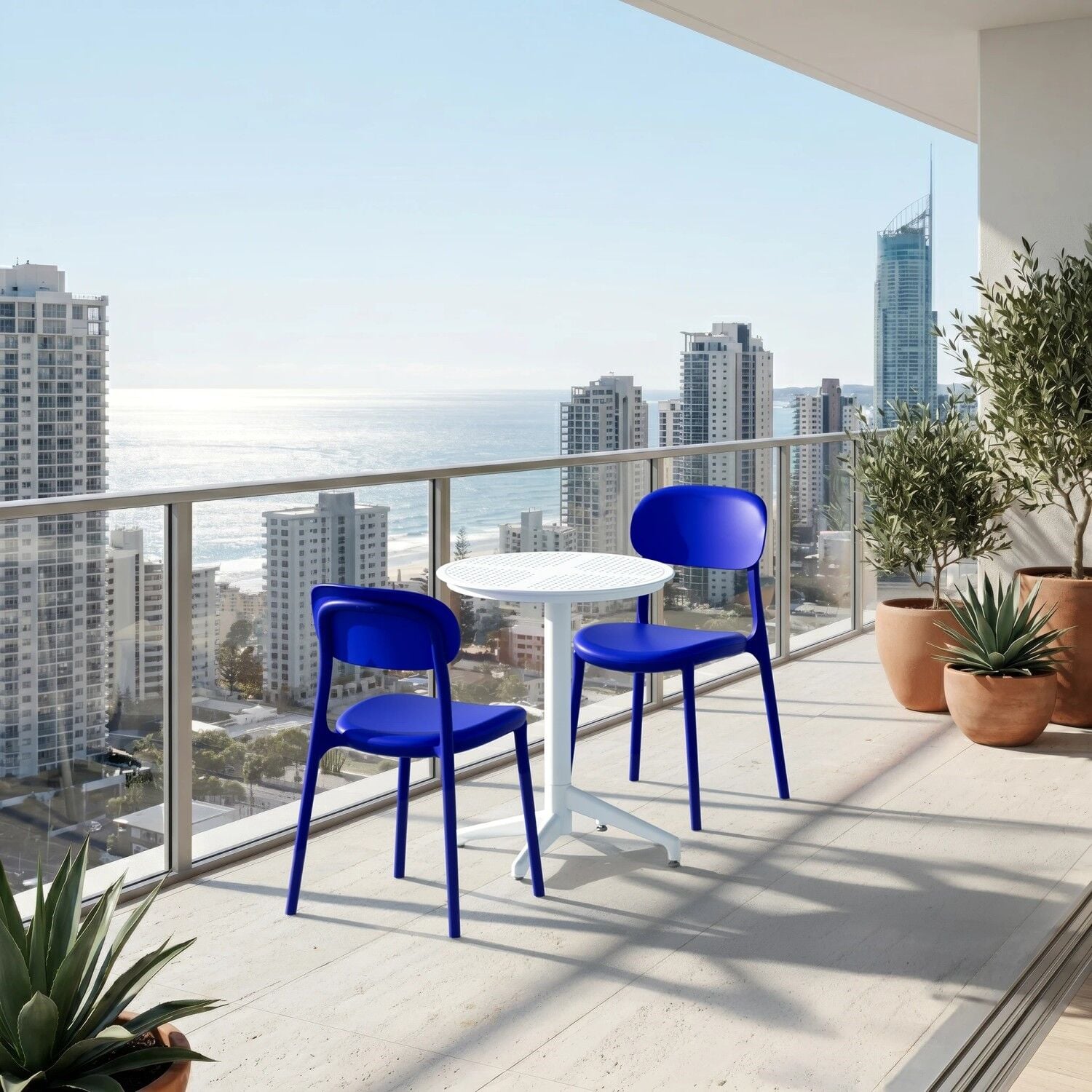 Mavi Beyaz Balkon Bahçe Masa Sandalye Takımı 2 Kişilik 60 cm