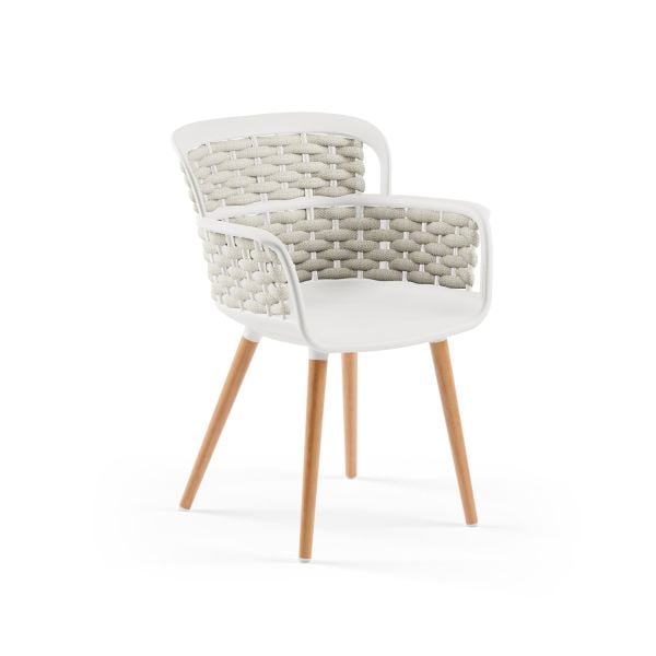 Beyaz Gövde Bej Örgülü Ahşap Ayaklı Otel Sandalyesi | Şık, Dayanıklı, Yerli Üretim Sandalye Modeli