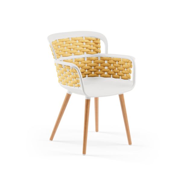 Doğal Ahşap Ayaklı Sarı Örgülü Beyaz Sandalye – Cafe & Mutfak İçin Dayanıklı Şık Tasarım