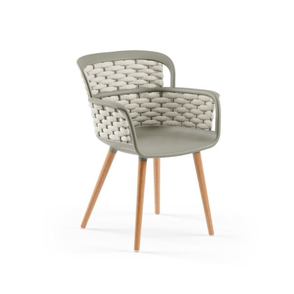 Çimento Gri Gövde Bej Örgülü Ahşap Ayaklı Otel, Cafe, Salon, Mutfak Sandalyesi - Modern ve Dayanıklı Örgü Sandalye Modeli