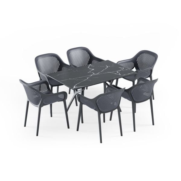 6 Kişilik Antrasit Gri Dikdörtgen Conpact Laminat Bahçe Masa Sandalye Takımı 80x140.cm