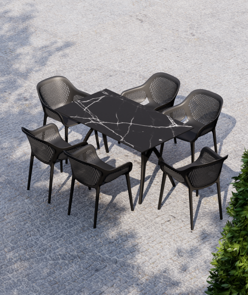 6 Kişilik Antrasit Gri Dikdörtgen Conpact Laminat Bahçe Masa Sandalye Takımı 80x140.cm