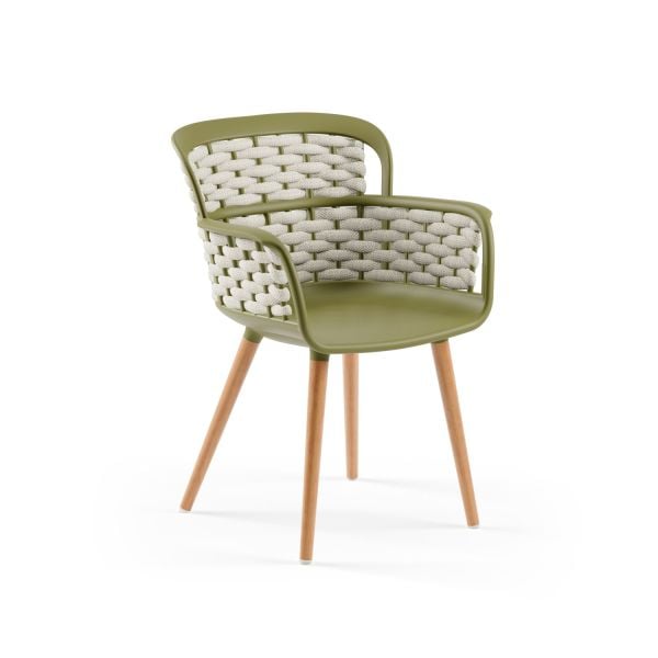 Haki Yeşil Gövde Bej Örgülü Mutfak Sandalyesi – Ahşap Kayın Ayaklı, Dayanıklı Çok Amaçlı Örgülü Sandalye Modeli