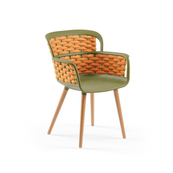 Haki Yeşil Gövde Turuncu Örgülü Mutfak Sandalyesi – Ahşap Kayın Ayaklı, Dayanıklı ve Şık Çok Amaçlı Örgülü Sandalye Modeli