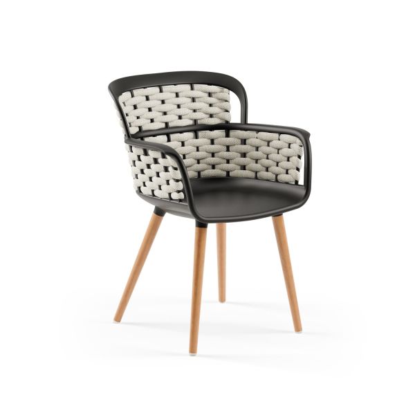 Bej Örgülü Siyah Plastik Oturumlu Sandalye – Ahşap Ayaklı, Dayanıklı, Şık ve Hafif
