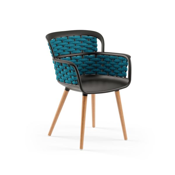 Siyah Plastik Gövde Mavi Örgülü Cafe Sandalyesi – Ahşap Ayaklı, Modern Tasarım