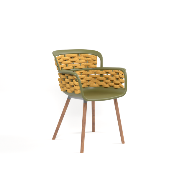 Haki Yeşil Gövde Sarı Örgülü Ahşap Ayak Modern Mutfak Sandalyesi