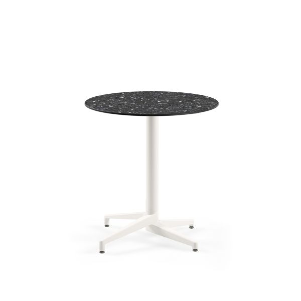 Compact Açık Hava Masası | 77 cm Yuvarlak Terrazzo Mermer Desenli Masa Üstü | Paslanmaz Beyaz Ayaklı | Dış Mekan Bahçe, Balkon, Kafe, Restoran ve Otel Kullanımı İçin Dayanıklı Masa