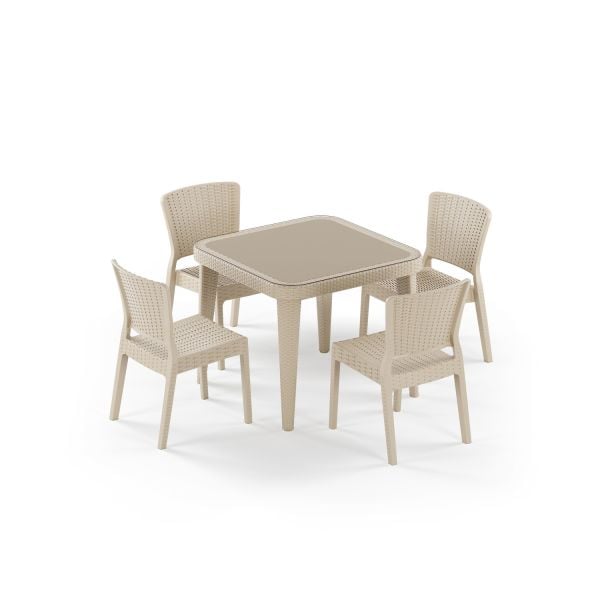Bej 4 Kişilik Bahçe Masa Sandalye Takımı 90x90 cm