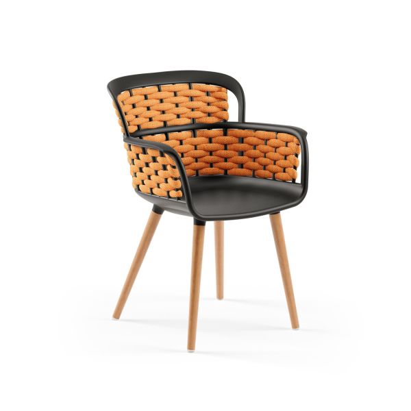 Siyah Gövdeli Turuncu Örgülü Ahşap Ayaklı Mutfak ve Yemek Sandalyesi | Dayanıklı ve Şık Tasarım