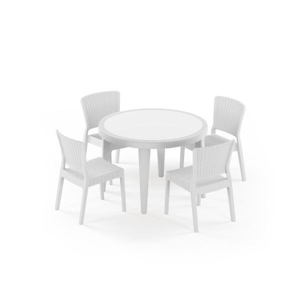 Beyaz Rattan Bahçe Masa Sandalye Seti 4 Kişilik 110 cm