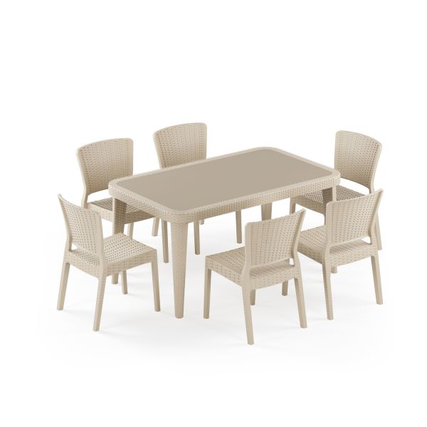 Bej Bahçe Masa Sandalye Takımı 6 Kişilik 90x150 cm