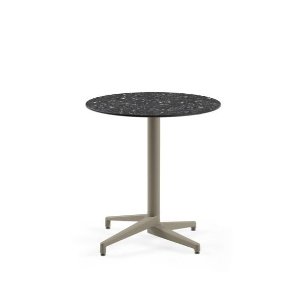 Compact Açık Alan Otel Masası – 77 cm Çap Yuvarlak Terrazzo Laminat Mermer Desenli Paslanmaz Dış Mekan Bahçe Masası