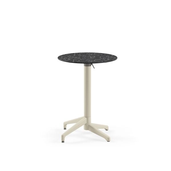Compact Katlanır Cafe Masası - 60 cm Çap, Paslanmaz, Bej Renk Terrazzo Mermer Desenli Üst Tabla, Dayanıklı ve Şık, İç/Dış Mekan Bahçe Masası