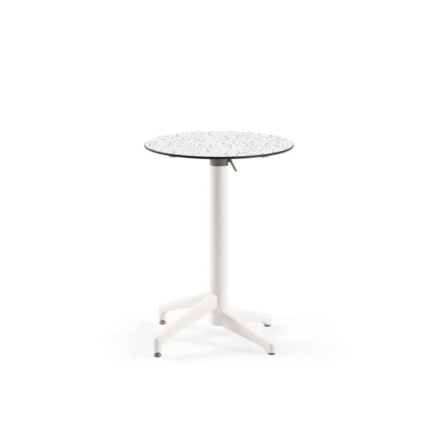 Compact Katlanır Açık Hava Cafe Masası - Terrazzo Mermer Desenli, Paslanmaz, Yuvarlak, Beyaz Ayaklı, Dış Mekan ve İç Mekan Kullanımı için
