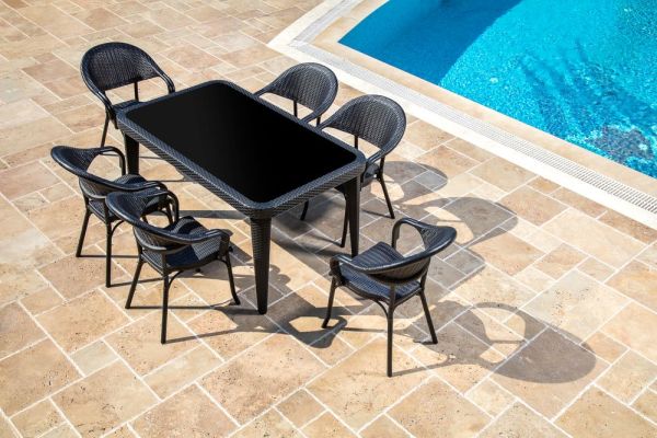 Siyah 90x150 Rattan Plastik Bahçe Masa Takımı 6 Kişilik