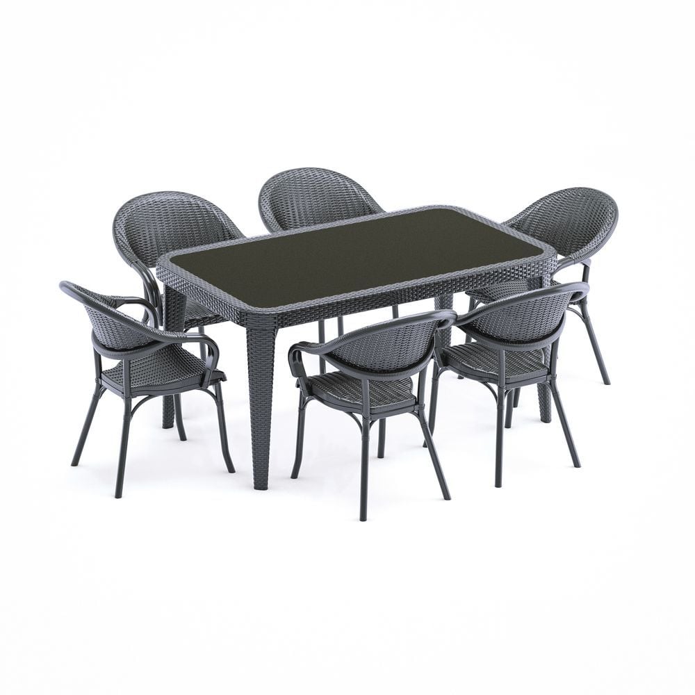 Bahçe Masa Sandalye Takımı 6 Kişilik 90x150 Antrasit Plastik