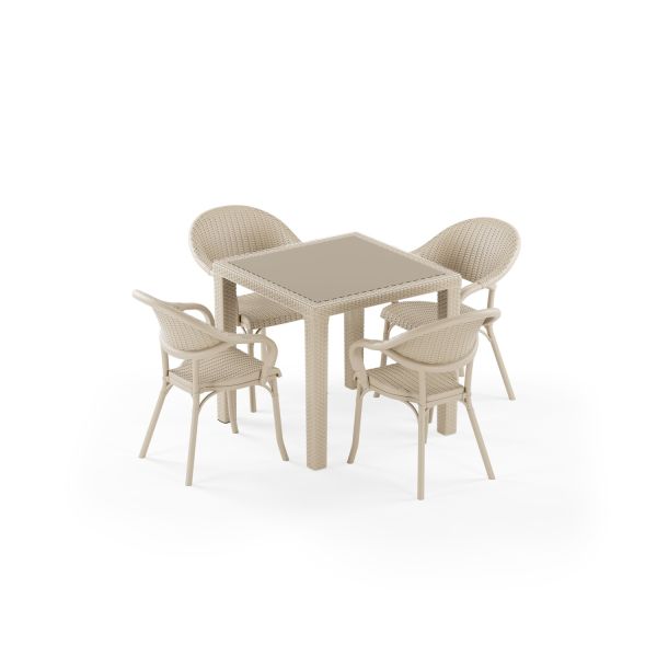 Bej 4 Kişilik Kare Bahçe Masa Sandalye Takımı 80x80 cm