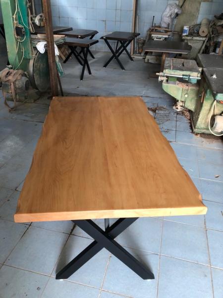 Kütük Masa Naturel Kayın Ağacı 80x130 Çapraz Metal Ayak