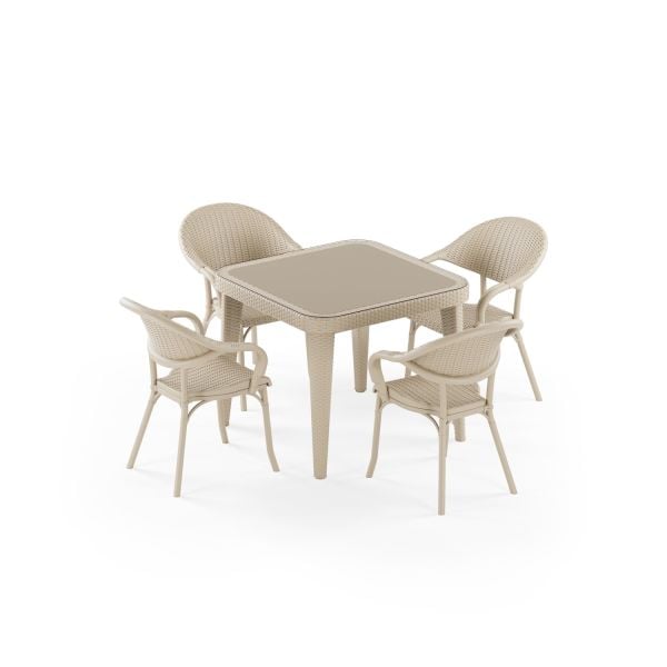 Bej Bahçe Restaurant Masa Sandalye Takımı 4 Kişilik 90x90