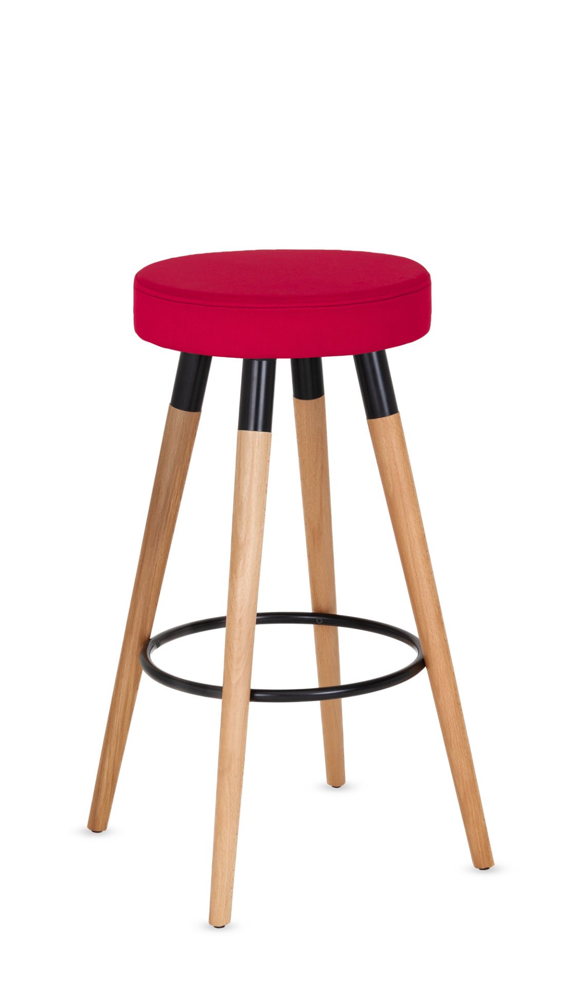 Kırmızı Kumaş Kayın Ahşap Ayaklı Bar Taburesi 75 cm