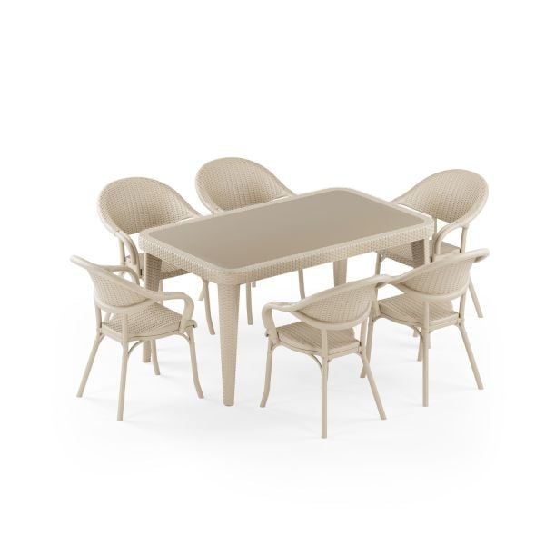 Bej 6 Kişilik Dikdörtgen Bahçe Masa Sandalye Takımı 90x150