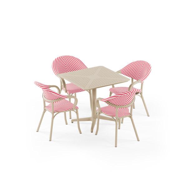 Bej Gövde Kırmızı Beyaz Fileli Bahçe Masa Sandalye Takımı