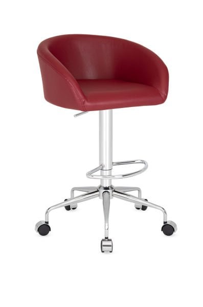 Poli Tekerlekli Bar Sandalyesi – Bordo Deri, Amortisörlü Yükseklik Ayarlı, Krom Ayaklı, Ergonomik ve Modern Tasarım
