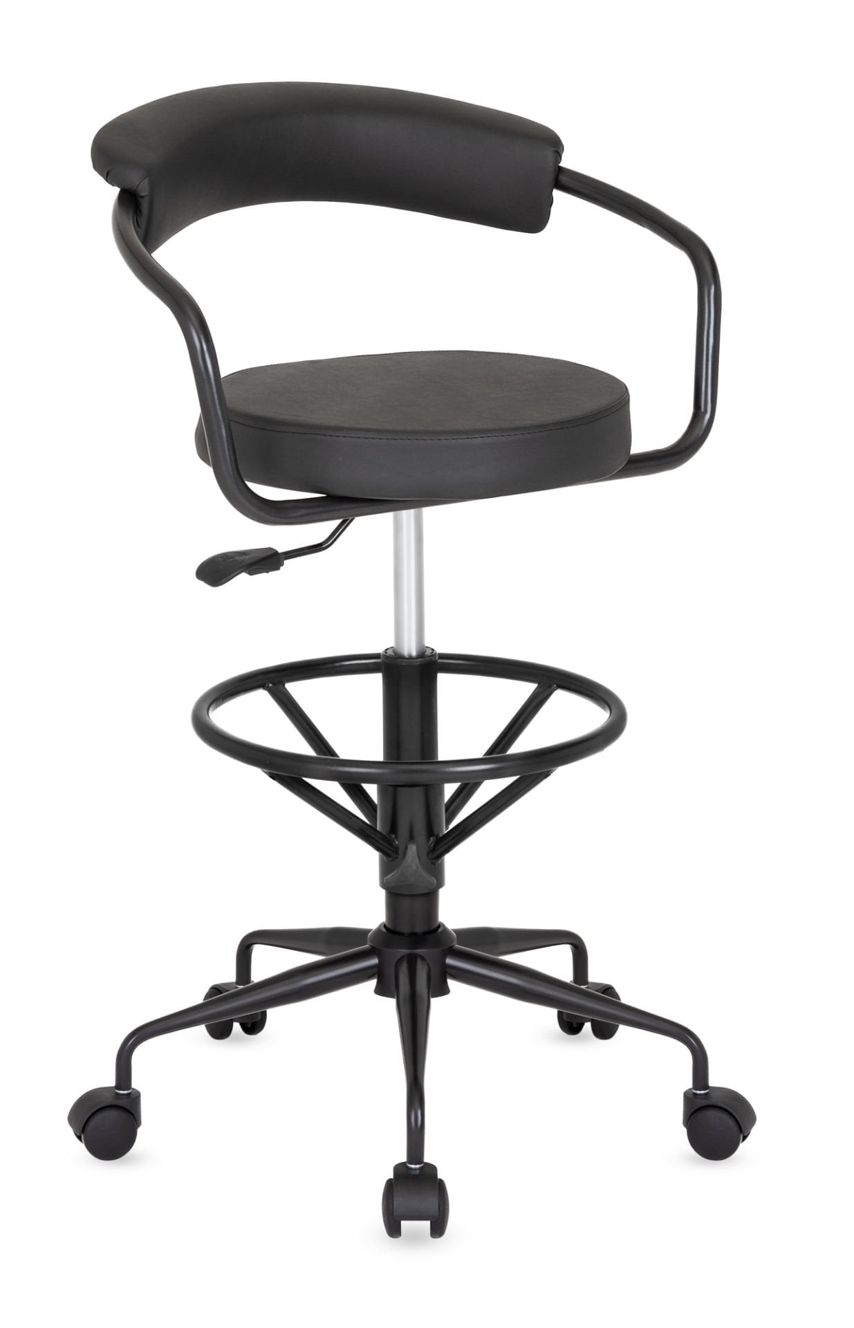 Nessa Bel Destekli Tekerlekli Siyah Bar Taburesi - Ergonomik Sırt Dayamalı, Metal Ayaklı, Silinebilir Siyah Deri, Yüksek Masa İçin