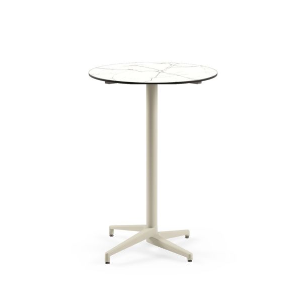 Compact Paslanmaz Bistro Restoran Bar Masası - Beyaz Mermer Desenli Laminat Üst, Yuvarlak, Dış Mekan & İç Mekan Kullanımı, 77 cm Çap