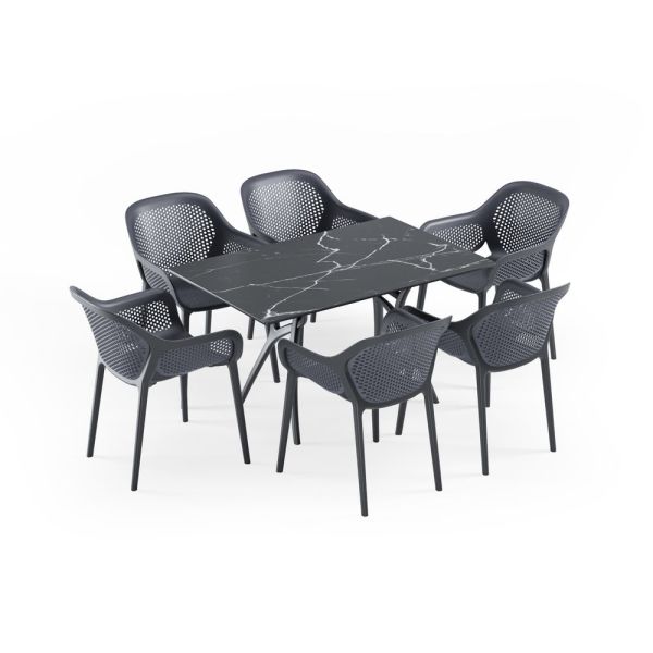 6 Kişilik Antrasit Gri Dikdörtgen Conpact Laminat Dış Mekan Bahçe Masa Sandalye Takımı 80x140.cm
