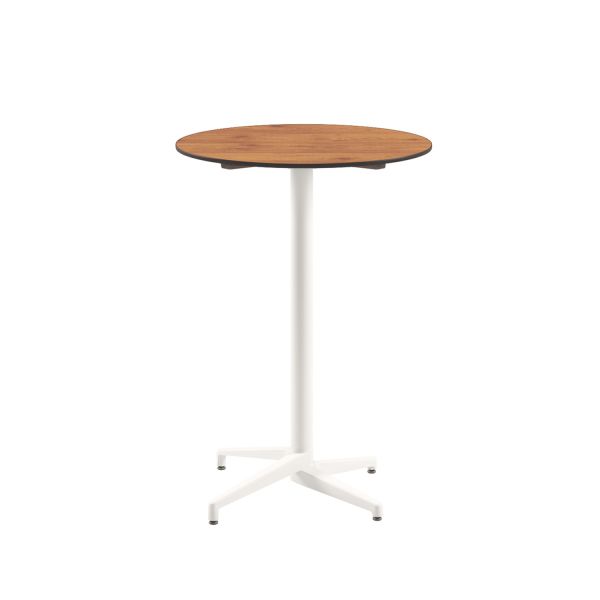 Compact Paslanmaz Bistro Organizasyon Açık Hava Bahçe Bar Masası - Novecento Ahşap Laminat Üst Tabla, Yuvarlak Beyaz Ayaklı, Dayanıklı ve Uzun Ömürlü